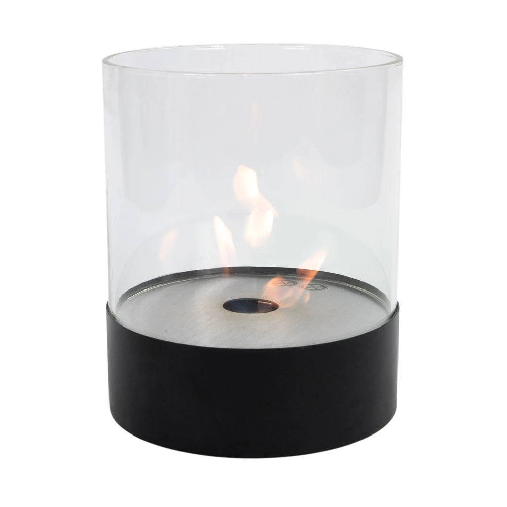 Southwark black round tabletop bioethanol fireplace, lit flame, studio view