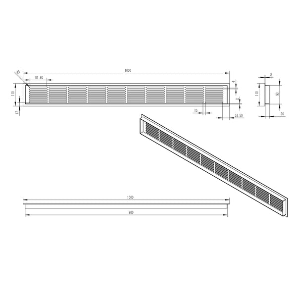 Black Ventilation Grille - 100x11 cm - 420 cm²