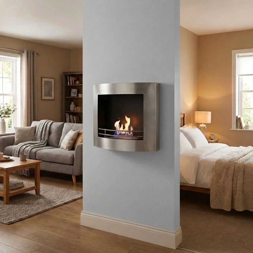 Stainless steel curved wall-mounted bio fireplace 60 cm on a light grey divider wall between a living room and a bedroom, lit realistic flame