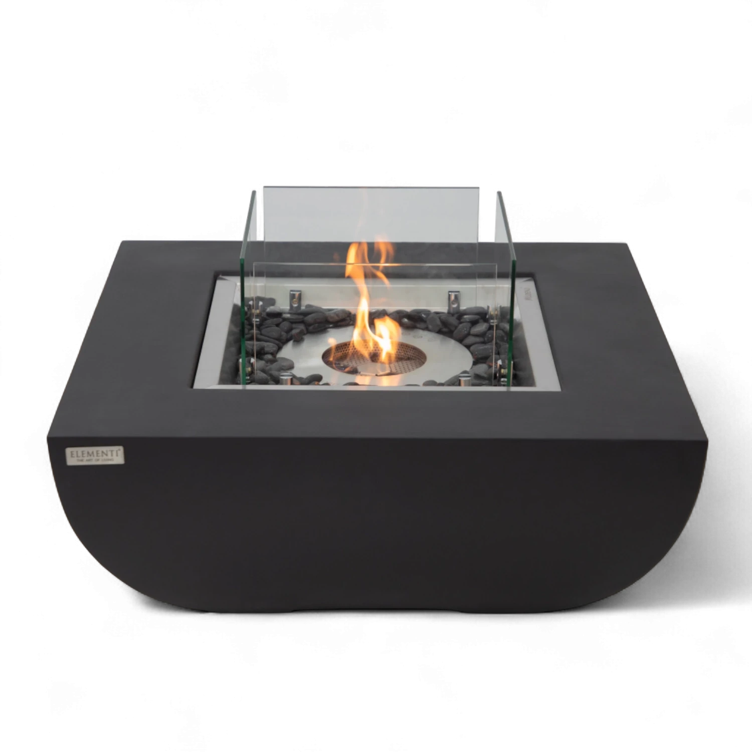 Aurora bioethanol fire pit in matte black with glass windscreen and bronze fire glass