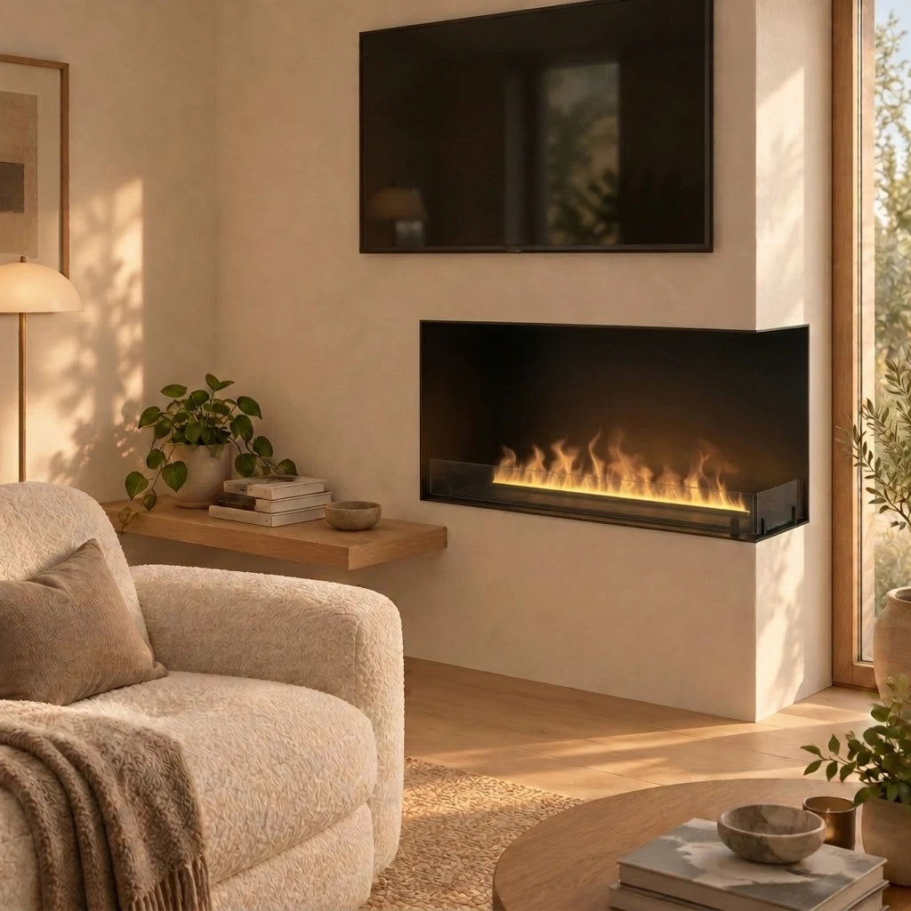 Foco Myst Corner Right 1200 water vapour fireplace built into a warm off-white plastered corner niche in a living room