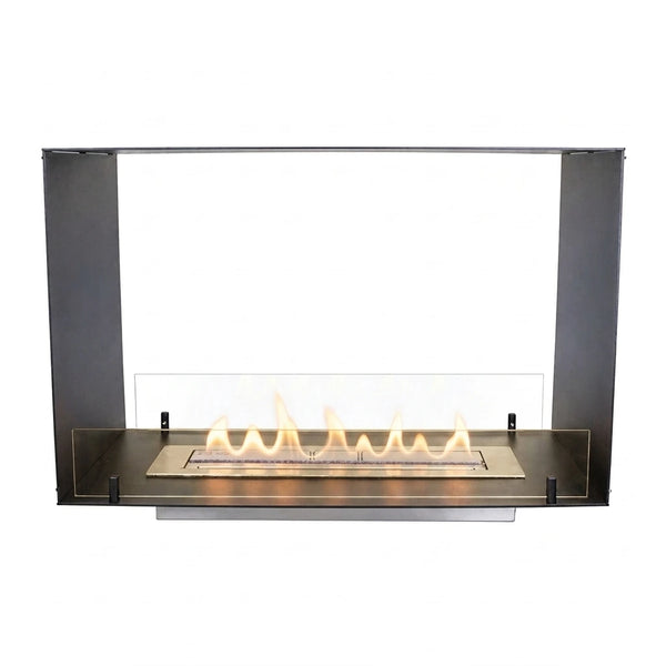 Foco Two 800 see-through bioethanol fireplace, studio shot with lit flame