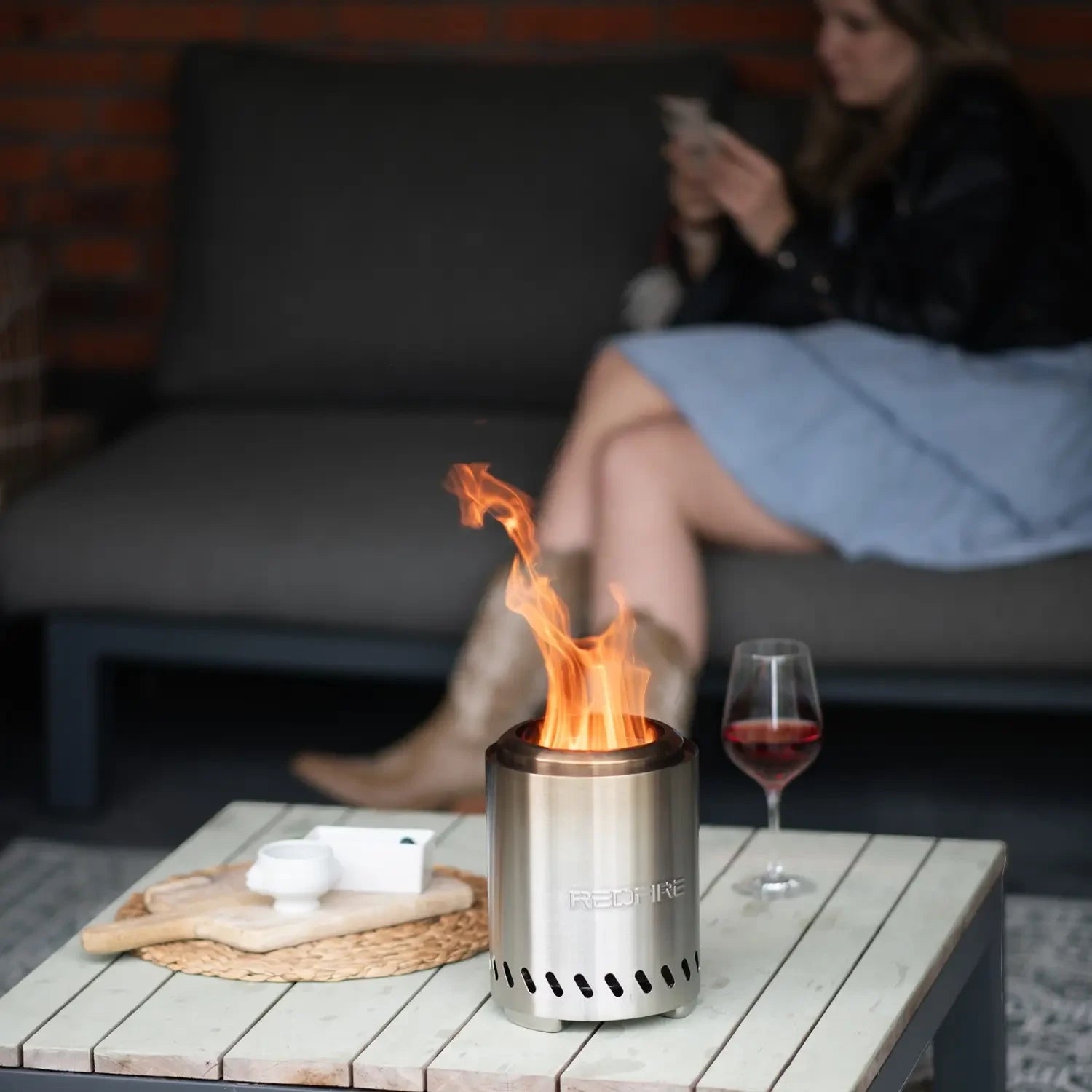 Medium Volcano tabletop fire pit in stainless steel with clean flame
