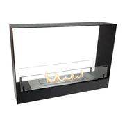 Built-in black bioethanol fireplace 60 cm, front view on white background with a realistic lit flame