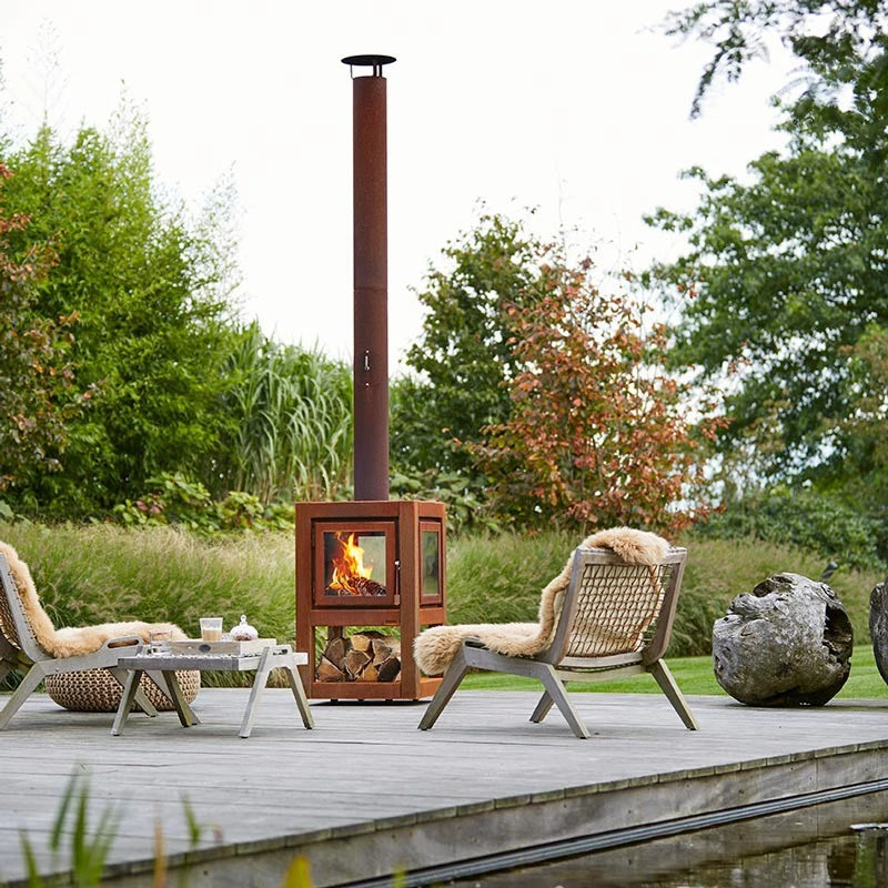 Quaruba L mobile rusted steel fireplace for the garden