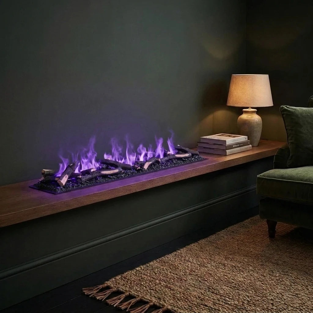 Dimplex Opti-myst Cassette 1000 Retail with decorative logs and purple water vapour flames, built into an oak bench in a dark living room