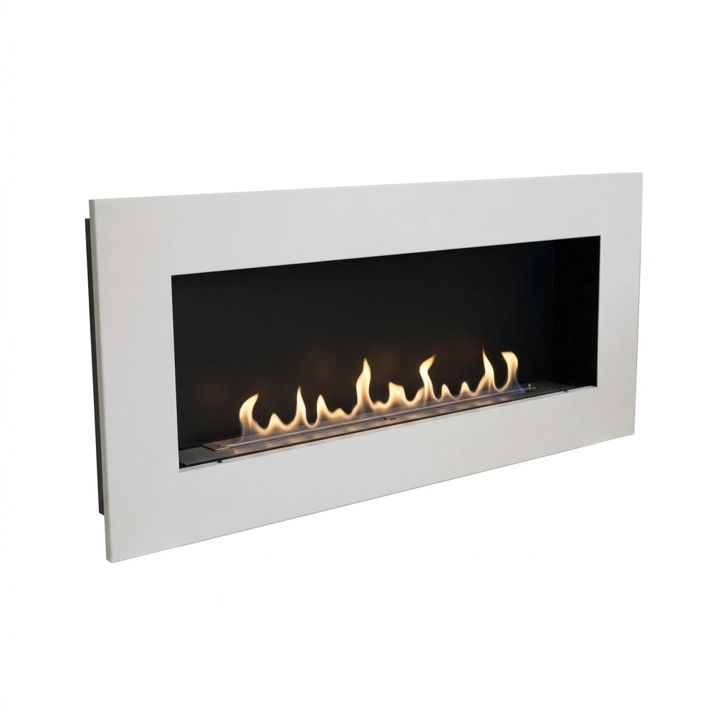 Murus 1200 matte white bio fireplace, angled view on white background, lit with a realistic flame