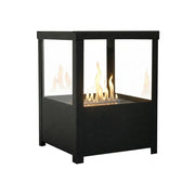 Square black tabletop bioethanol fireplace, lit with a realistic flame, white-background studio shot