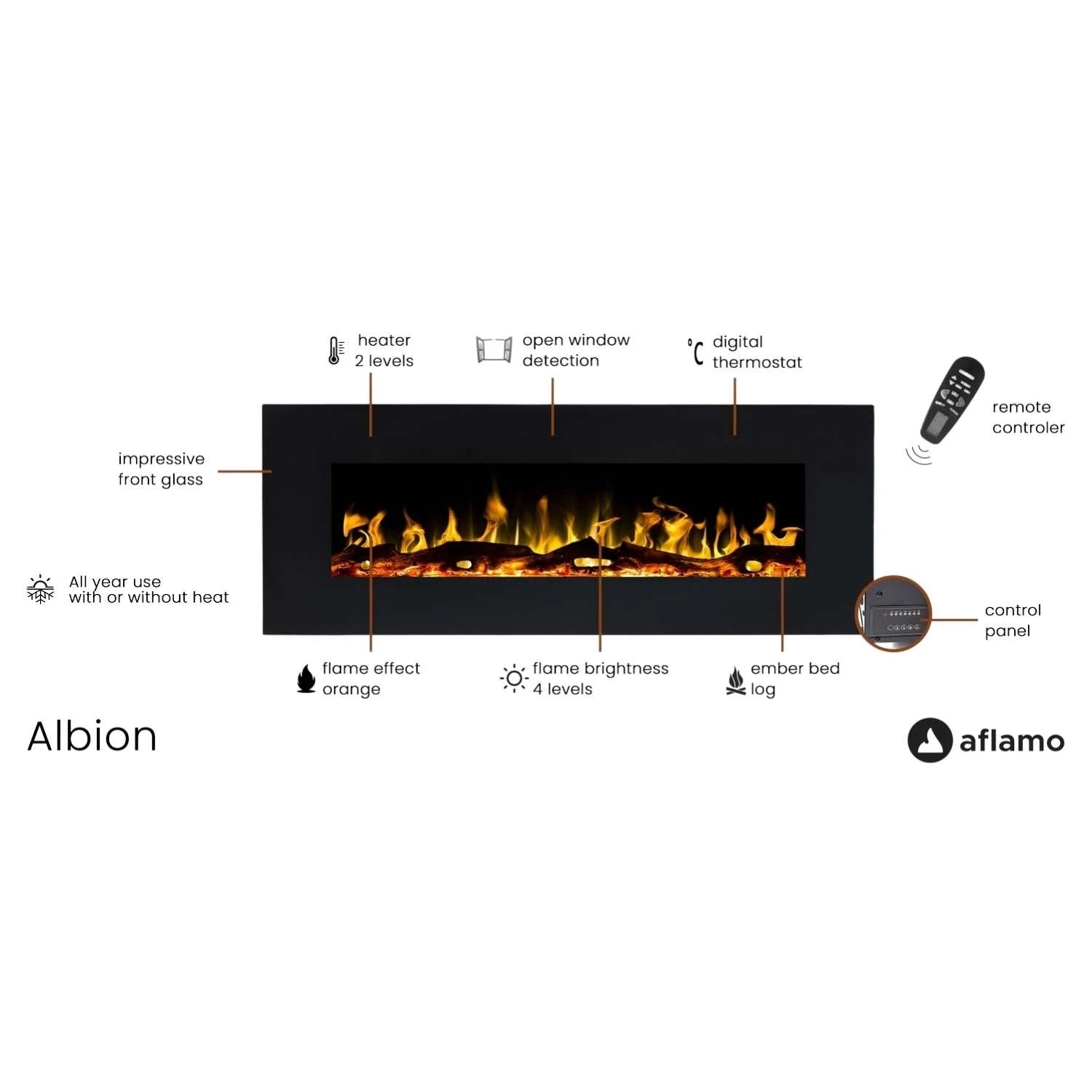 Aflamo Albion 128 cm Lareira Elétrica Preta