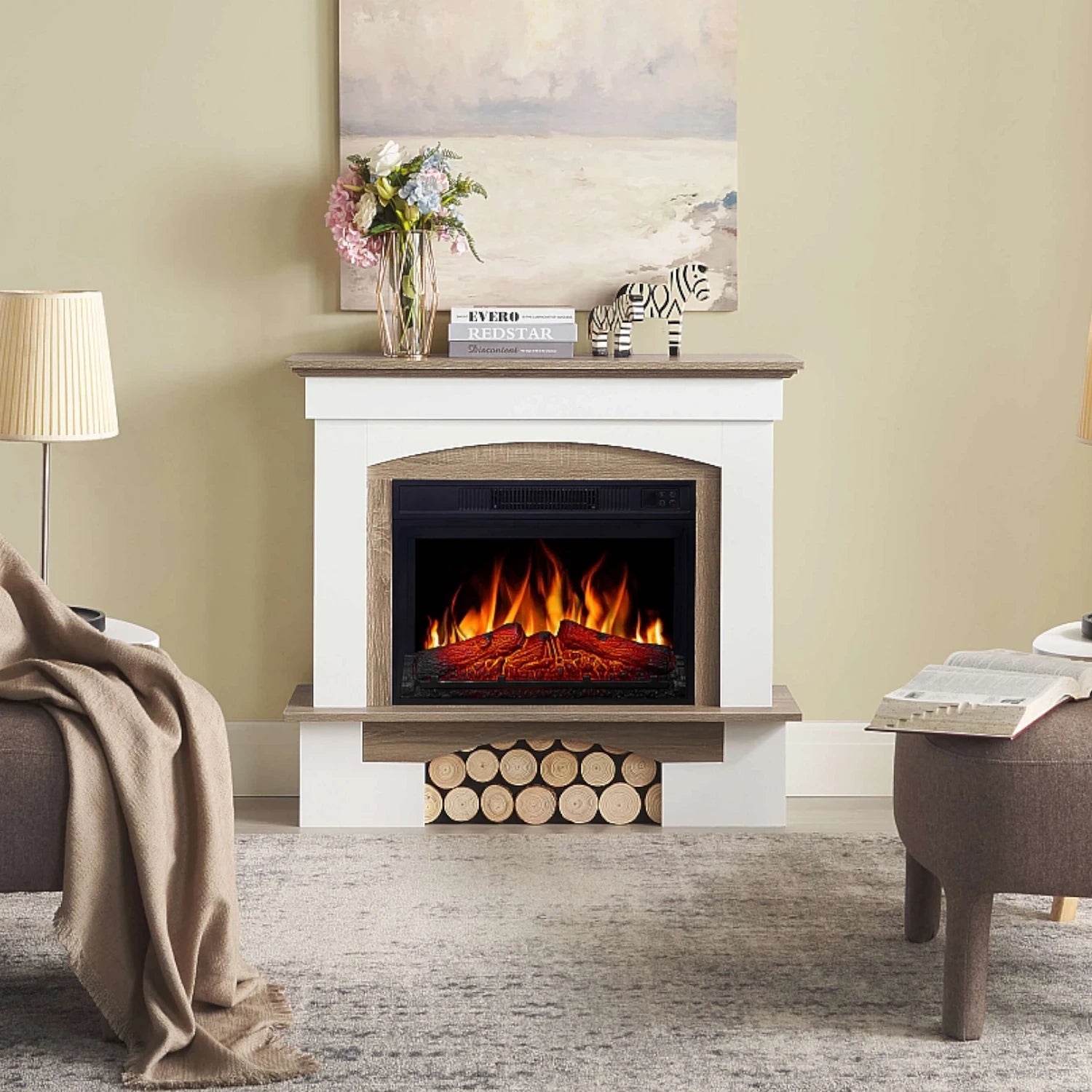 Woodley Electric Fireplace - White/Grey Oak Mantel