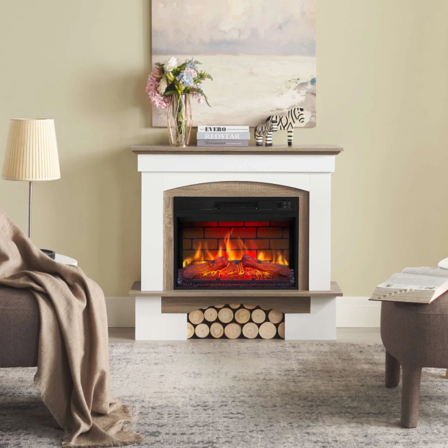 Woodley Electric Fireplace - White/Grey Oak Mantel