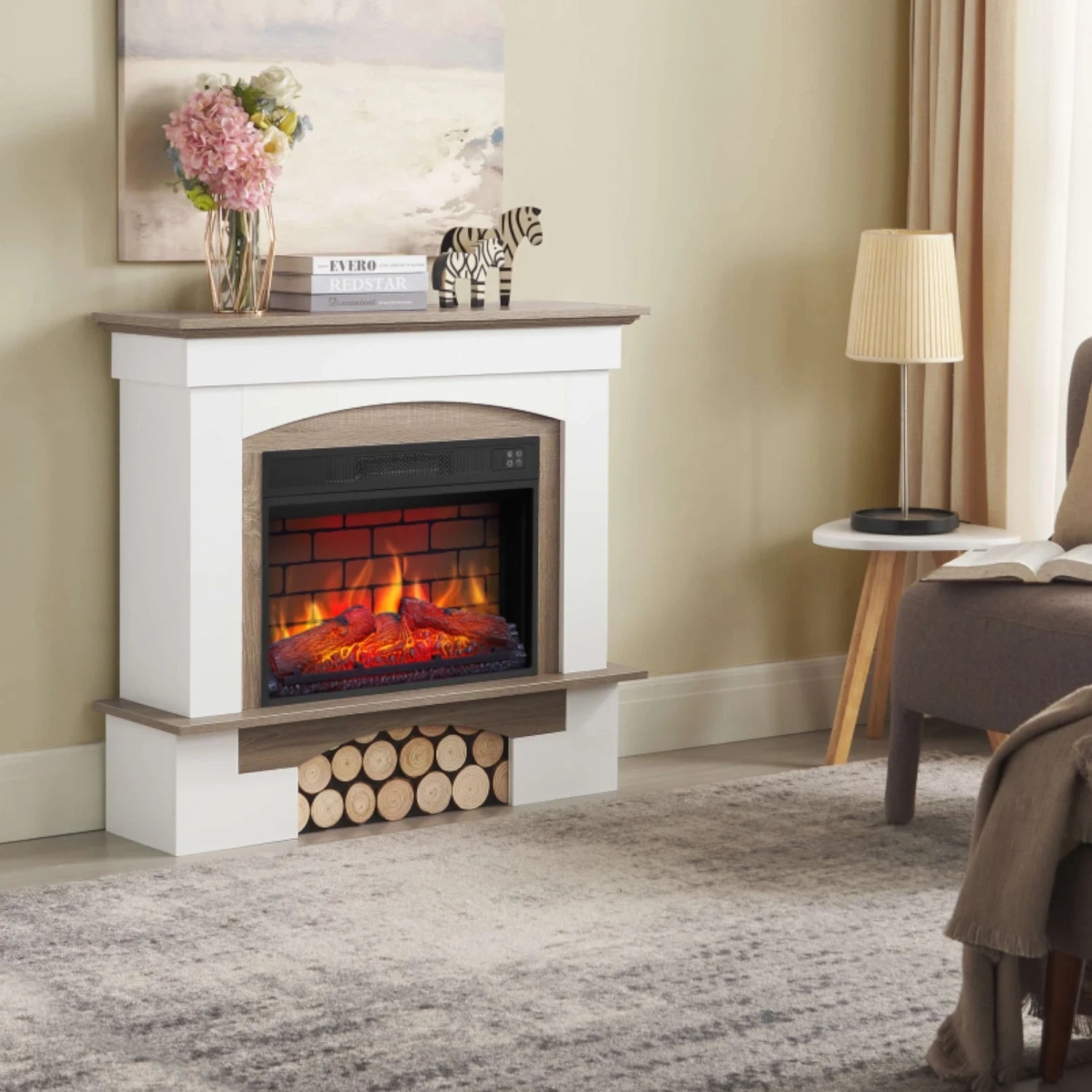 Woodley Electric Fireplace - White/Grey Oak Mantel