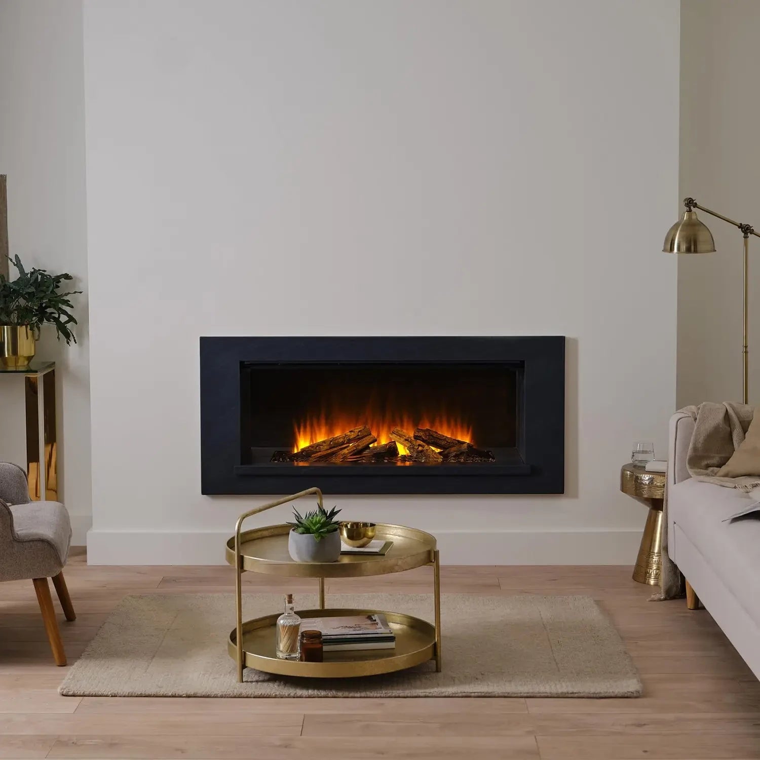 Holbury 1600 Grey Marble front-open built-in electric fireplace suite with open flame design and oak log set