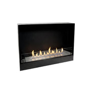 60 cm black bio fire wall insert with a lit natural flame, angled studio view