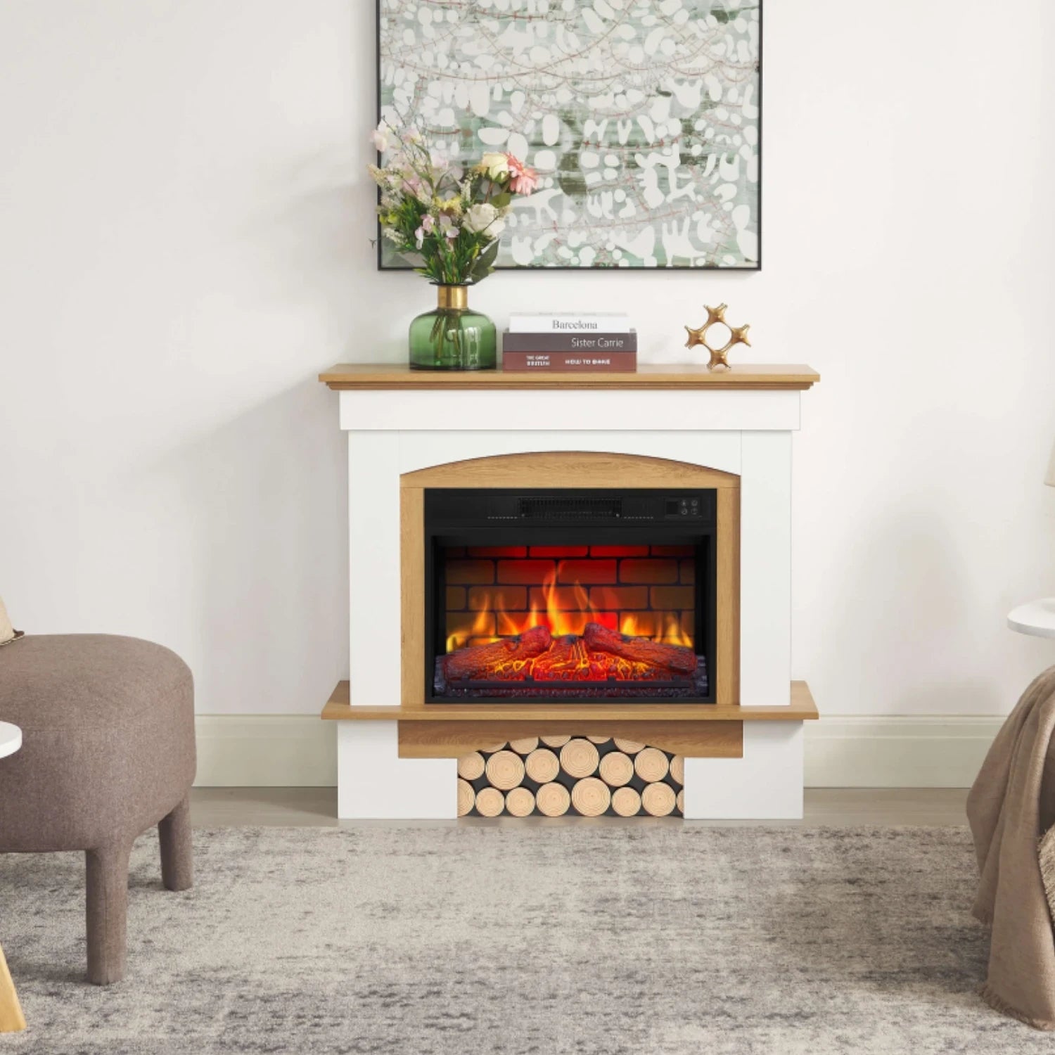 Woodley Electric Fireplace – White/Natural Oak Mantel