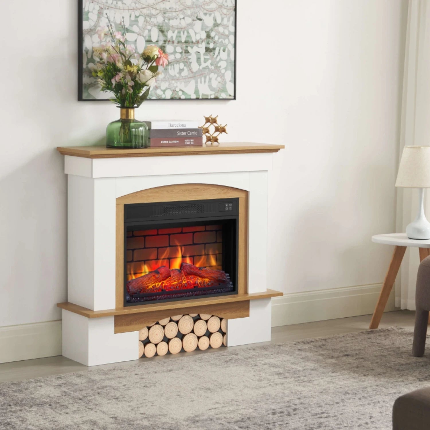 Woodley Electric Fireplace – White/Natural Oak Mantel