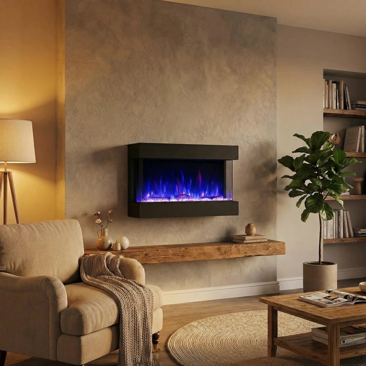 Feroza Wall-Mounted Electric Fireplace - Black - 101 cm