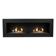 Murus 1600 black bio fireplace, front view on white background, lit with a realistic flame