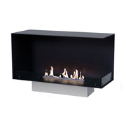 Foco Corner Right 1000 with a realistic lit ethanol flame, white-background studio shot on its installation base.