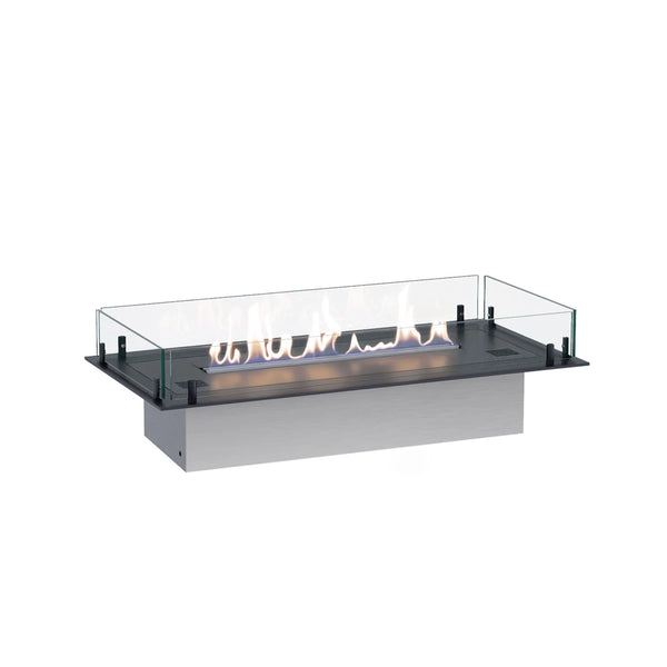 Foco Free 800 - lit ethanol flame on its stainless steel base, white-background studio shot
