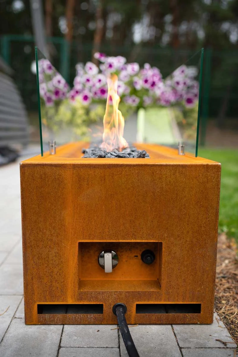 Planika Galio Outdoor gas fireplace in corten steel finish and with manual control system