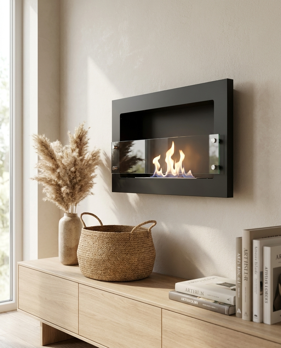 Texas black bioethanol fireplace mounted above a light wood console with pampas grass and a woven basket, natural daylight, lit with a realistic flame