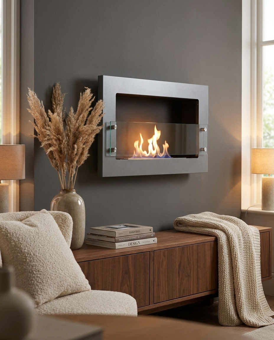 Texas steel-grey bioethanol fireplace mounted above a walnut console with pampas grass and a bouclé armchair, warm cozy living room, lit with a realistic flame