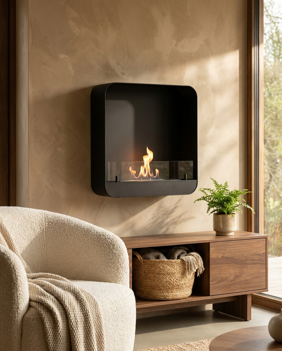 Ohio 60 Black bio fireplace mounted on a beige plaster wall in a cozy living room with a boucle armchair and walnut console