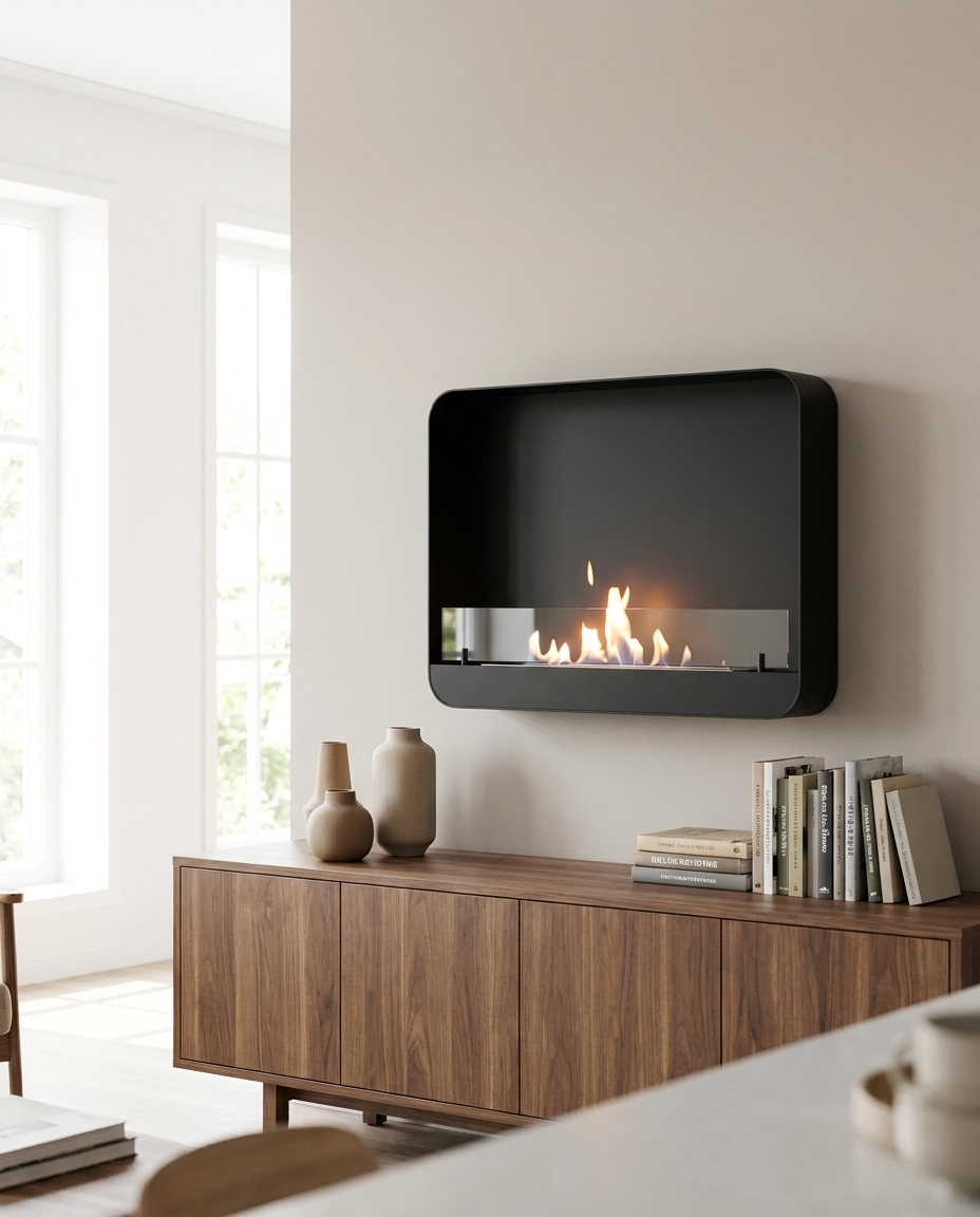 Ohio 80 Black bio fireplace mounted on a light greige wall above a walnut sideboard in a bright modern living room