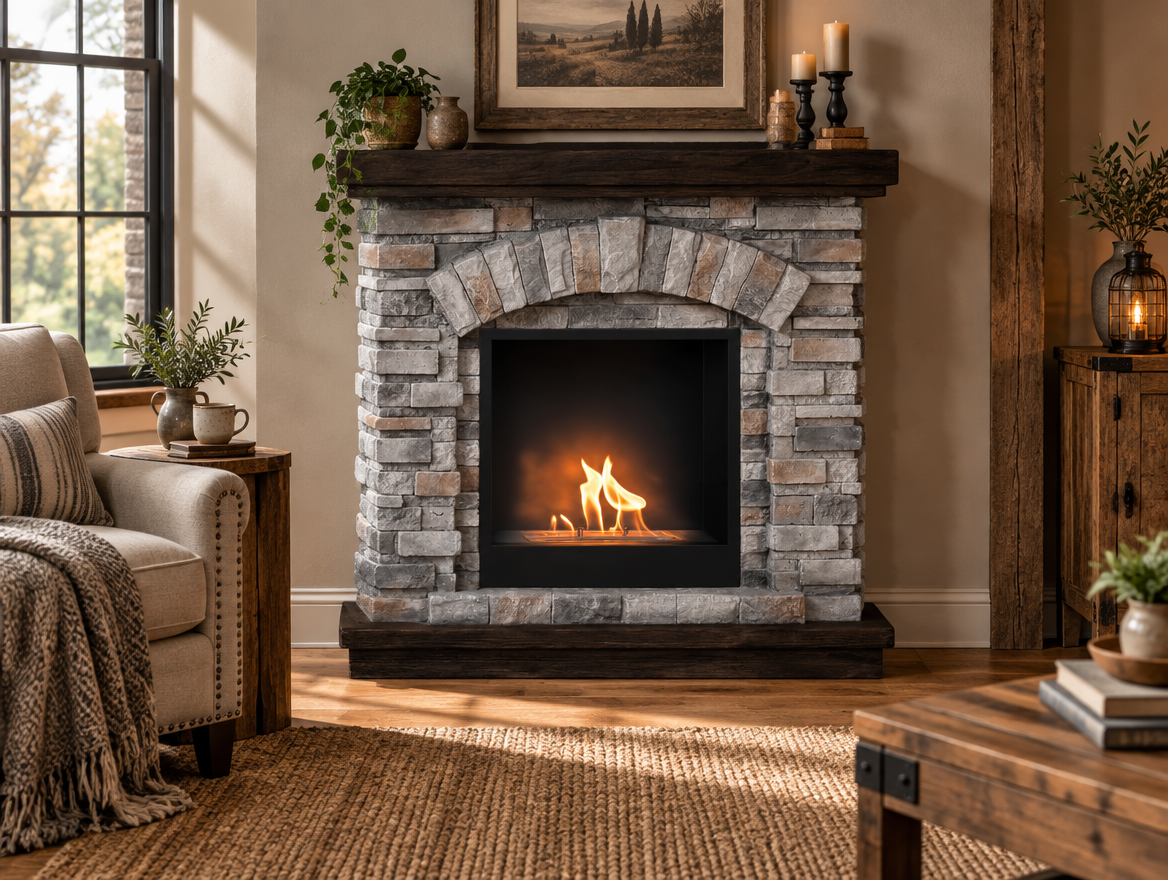 ScandiFlames Ask bioethanol fireplace styled in a cozy rustic living room with armchair, jute rug and wood side table, lit real flame