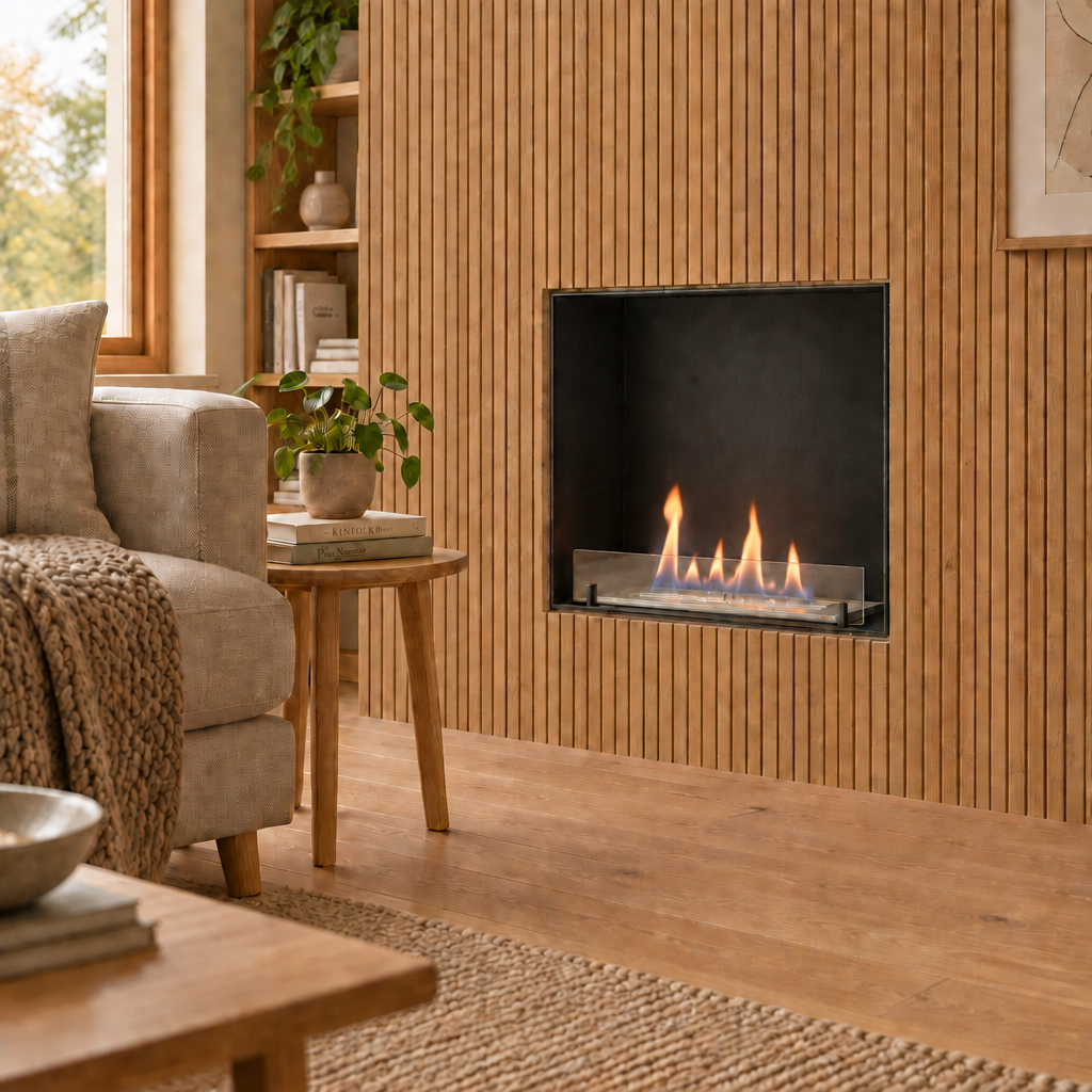 Foco One 600 Slim built-in bioethanol fireplace installed in a living room with wood panel wall