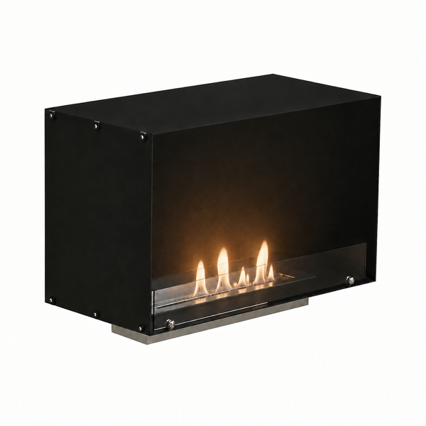 Foco One 800 one-sided built-in bioethanol fireplace with a lit realistic flame, white background studio shot