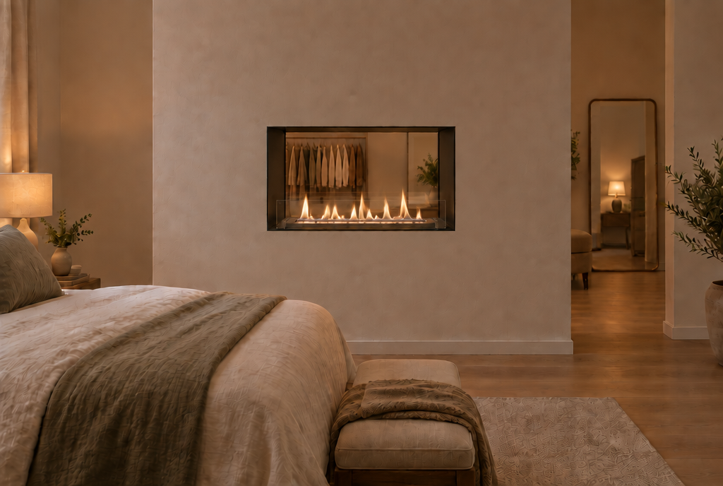 Foco Two 800 Medium bioethanol fireplace built into a partition wall between a bedroom and dressing area with a calm lit flame