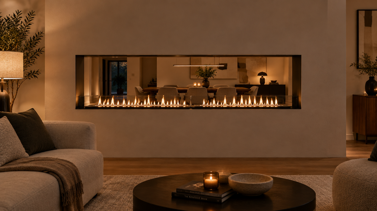 Foco Two 2300 see-through, flames viewed through the partition wall to the room beyond