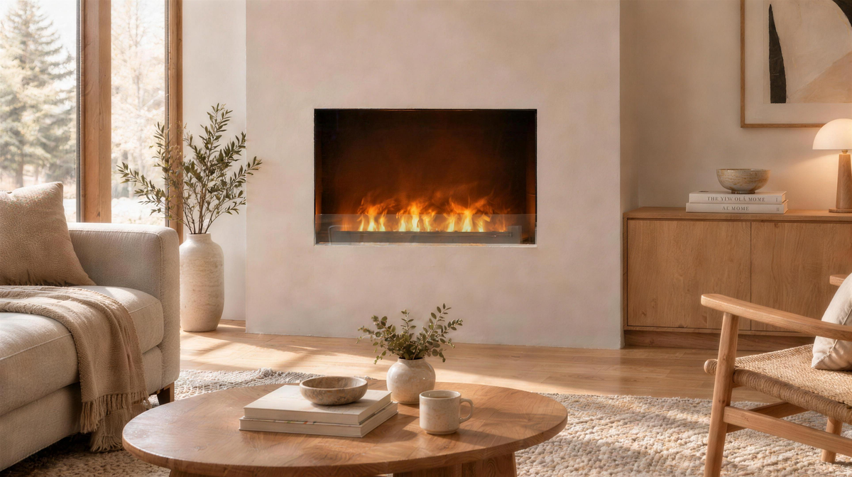 Foco Myst One 800 built into a Scandinavian living room wall, lit water vapour flame, cosy lifestyle setting