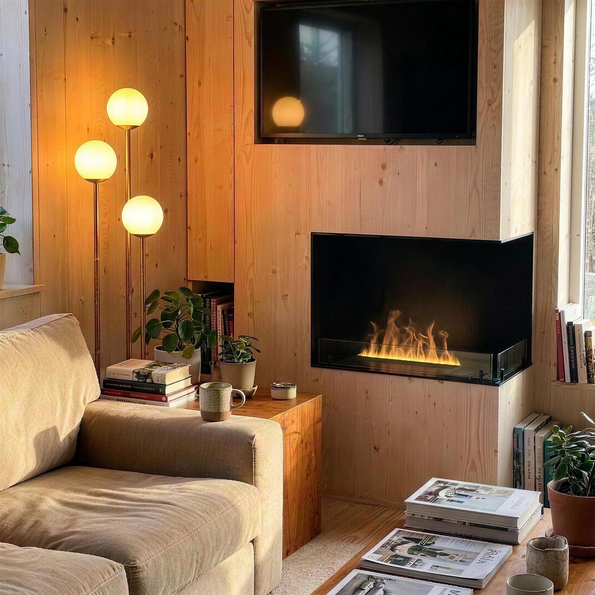 Foco Myst Corner Right 800 water vapour fireplace built into a wood-panelled corner wall beneath a mounted TV