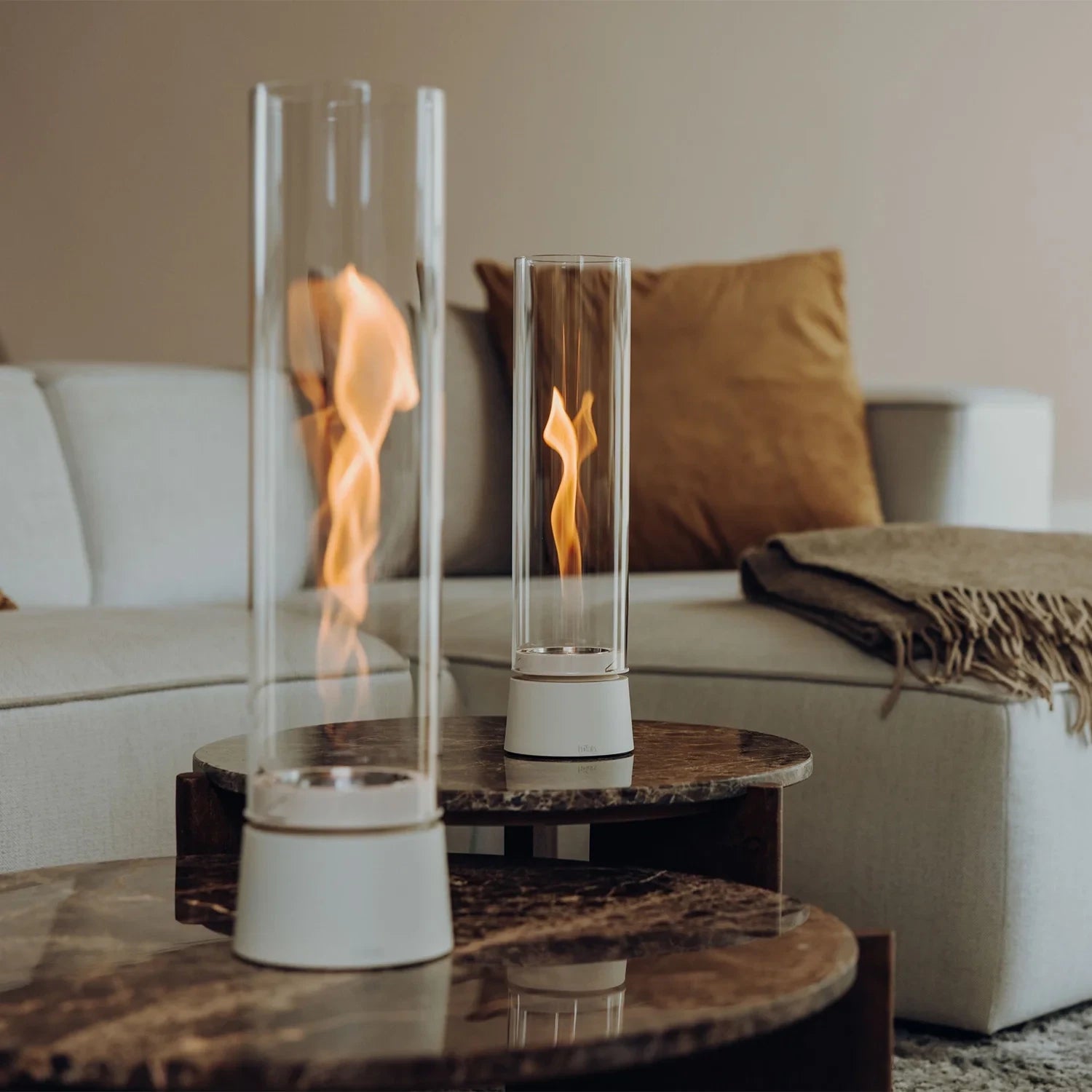 Höfats SPIN Air 1200 - Cream White Table Biofireplace with Tall Cylindrical Glass