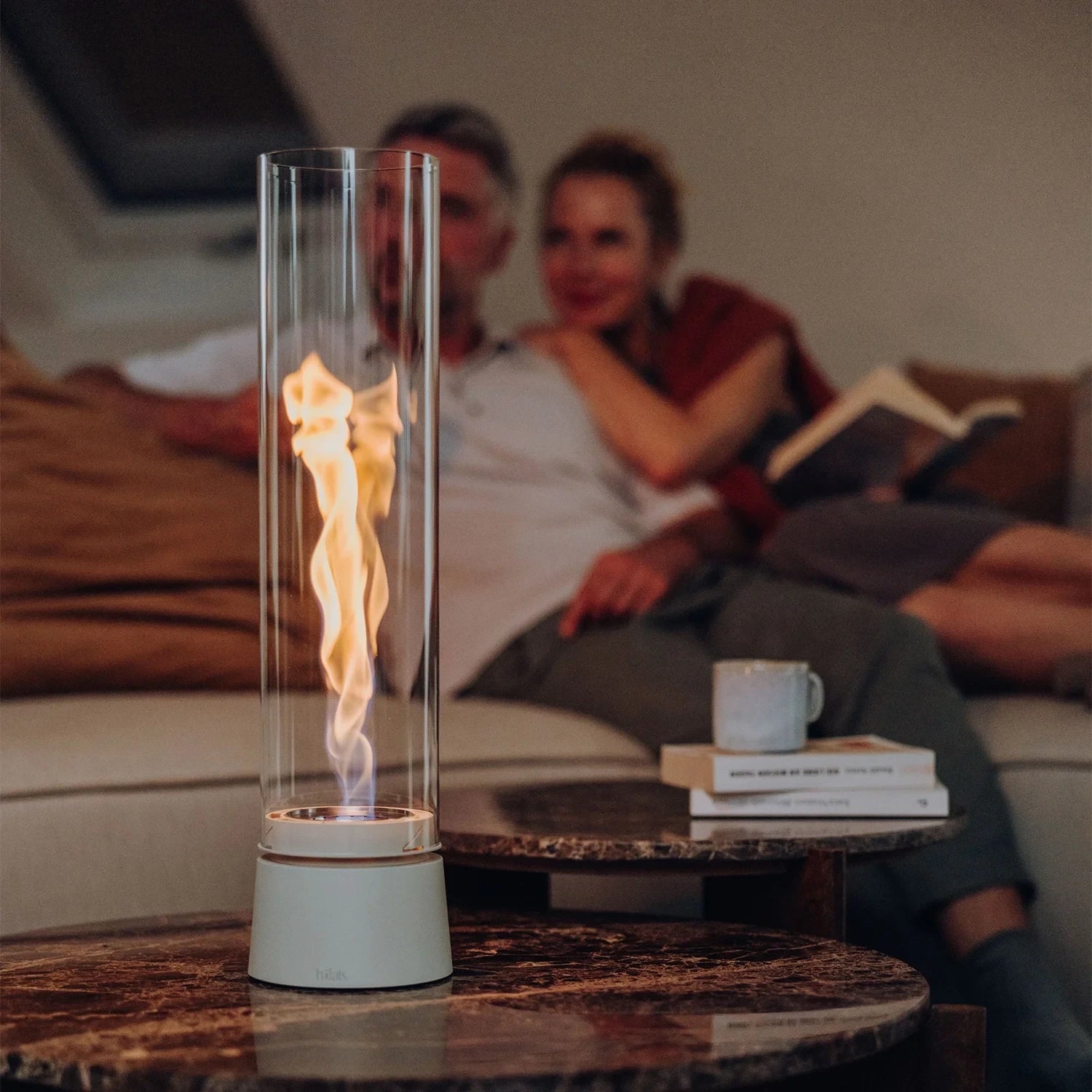 Höfats SPIN Air 1200 - Cream White Table Biofireplace with Tall Cylindrical Glass