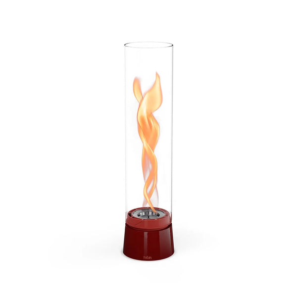 Höfats SPIN Air 1200 - Red tabletop bio fireplace with a tall cylindrical glass.