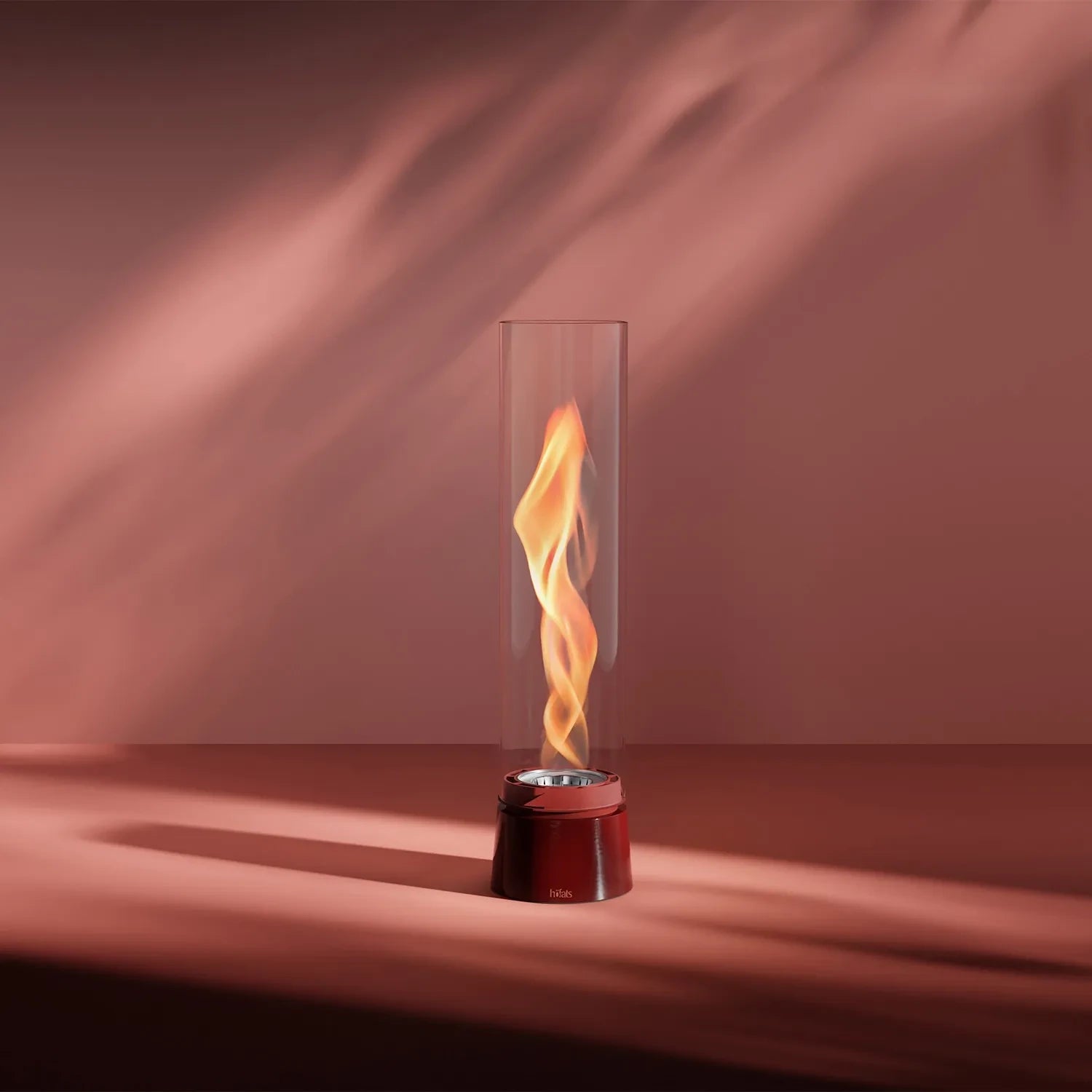 Höfats SPIN Air 1200 - Red tabletop bio fireplace with a tall cylindrical glass.