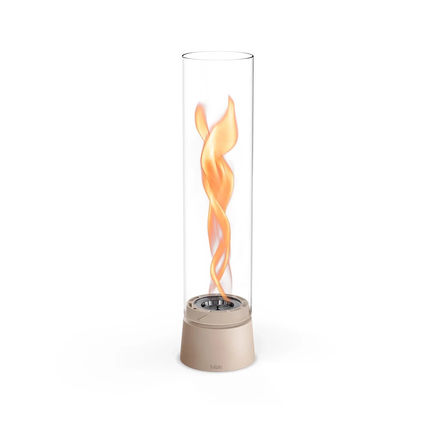 Höfats SPIN Air 1200 - Sand-colored tabletop bioethanol fireplace with tall cylindrical glass.