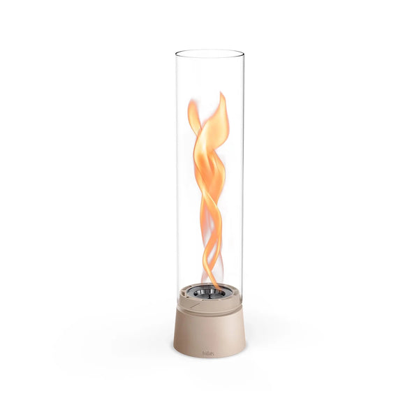 Höfats SPIN Air 1200 - Sand-colored tabletop bioethanol fireplace with tall cylindrical glass.