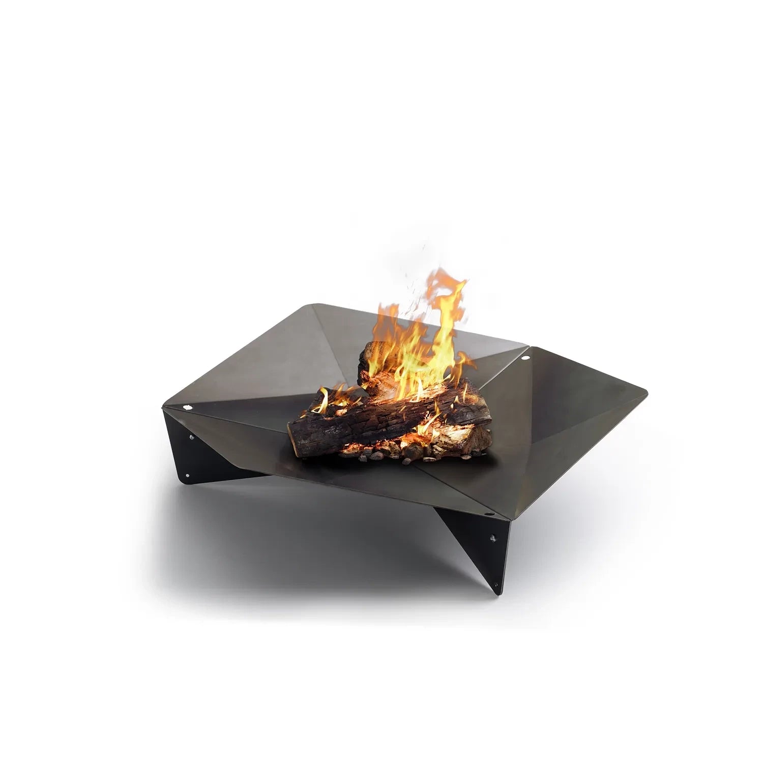 Höfats TRIPLE 120 Fire Pit in Corten Steel with burning logs, placed on a white surface.