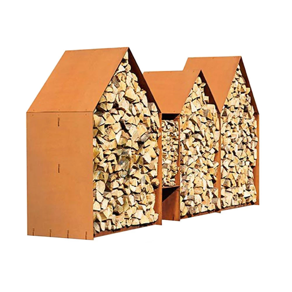 Storage rack for firewood in rusted steel