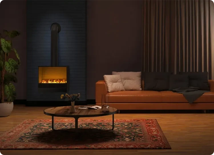 lareira de vapor de água numa sala de estar com uma chaminé decorativa