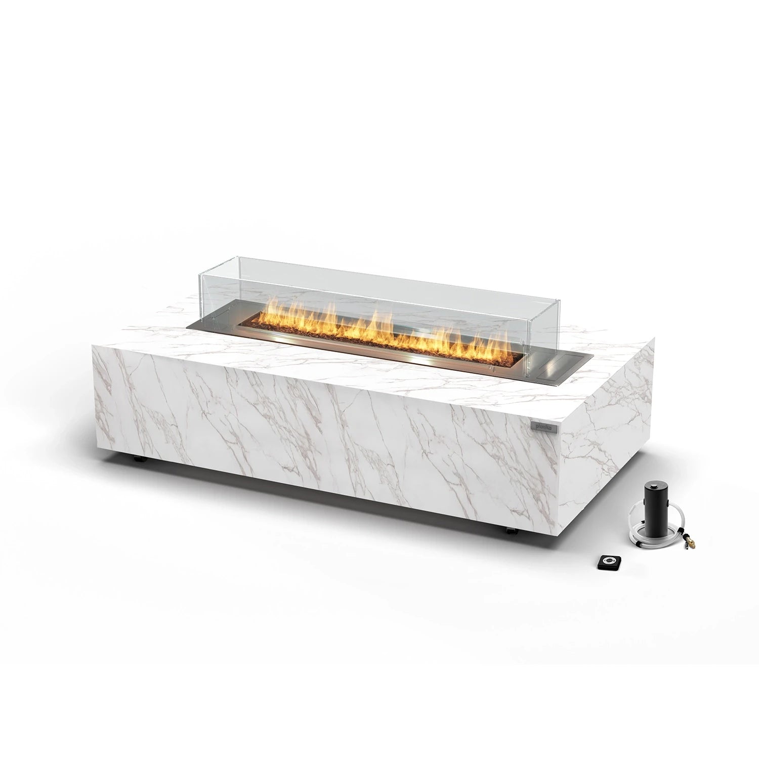 Planika Cabo bioethanol firaplace table with a frame of Cosentino dekton marble plates in Daze or Laurent finish