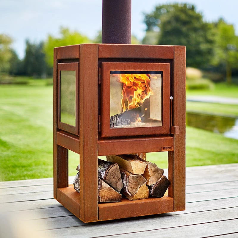 Quaruba L mobile rusted steel fireplace for the garden