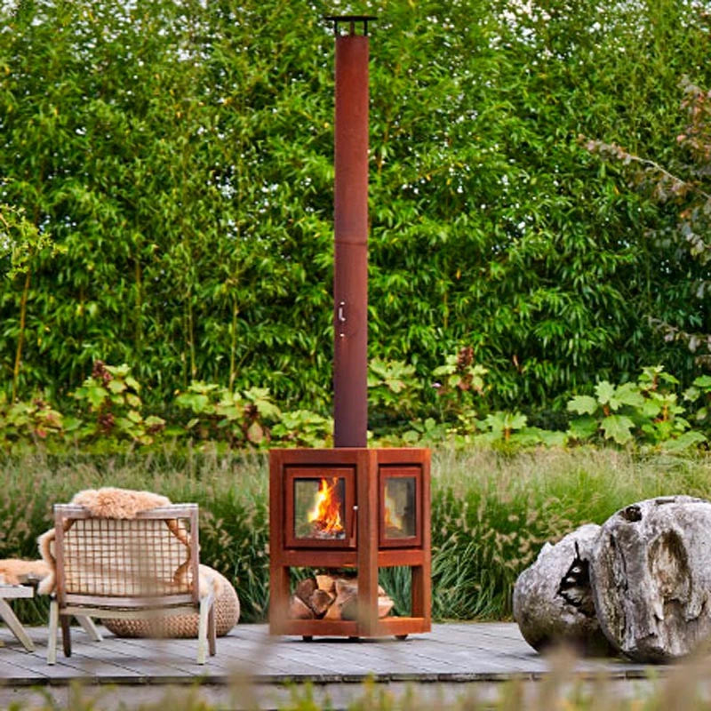 Quaruba L mobile rusted steel fireplace for the garden