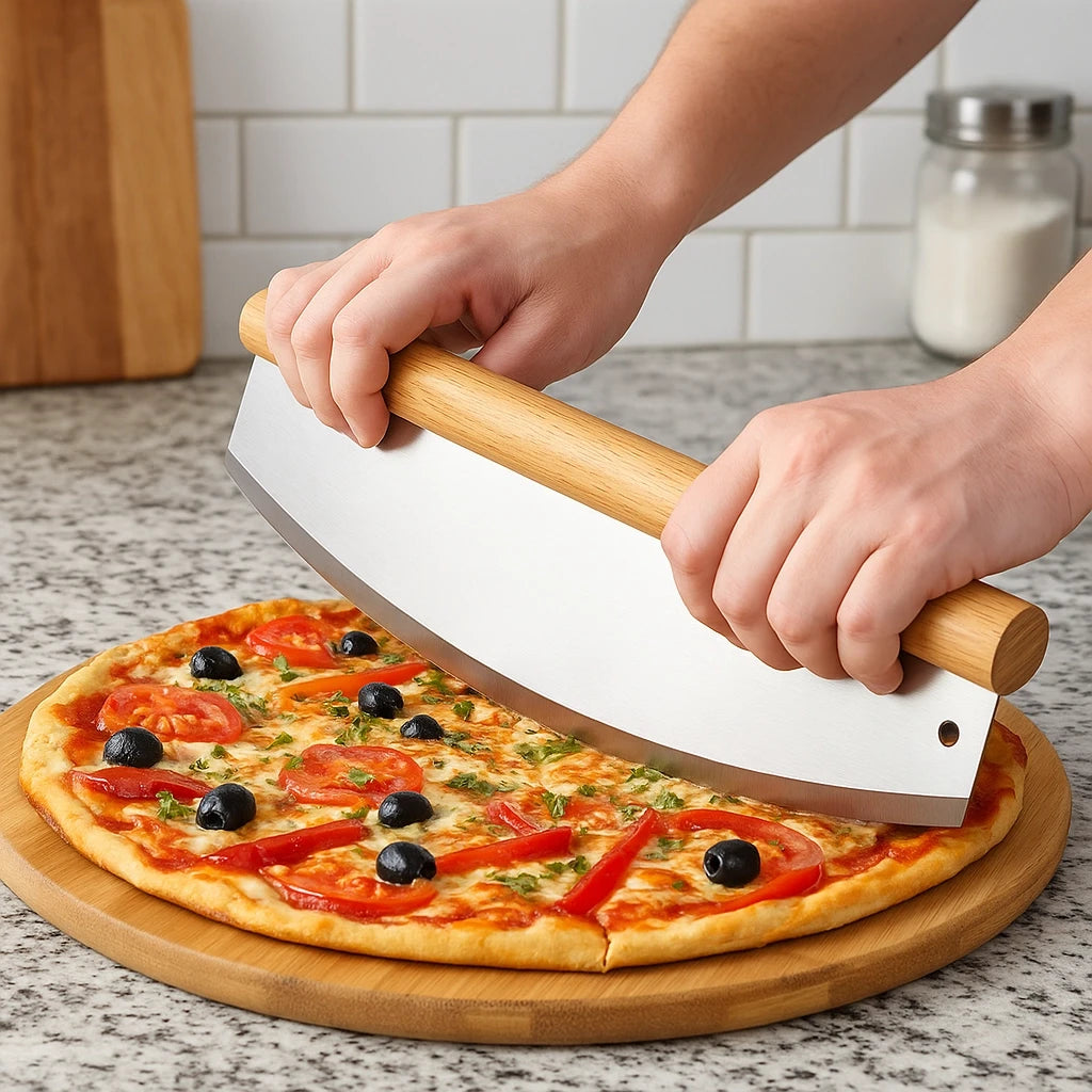 Curved stainless‑steel pizza cutter with wooden handle