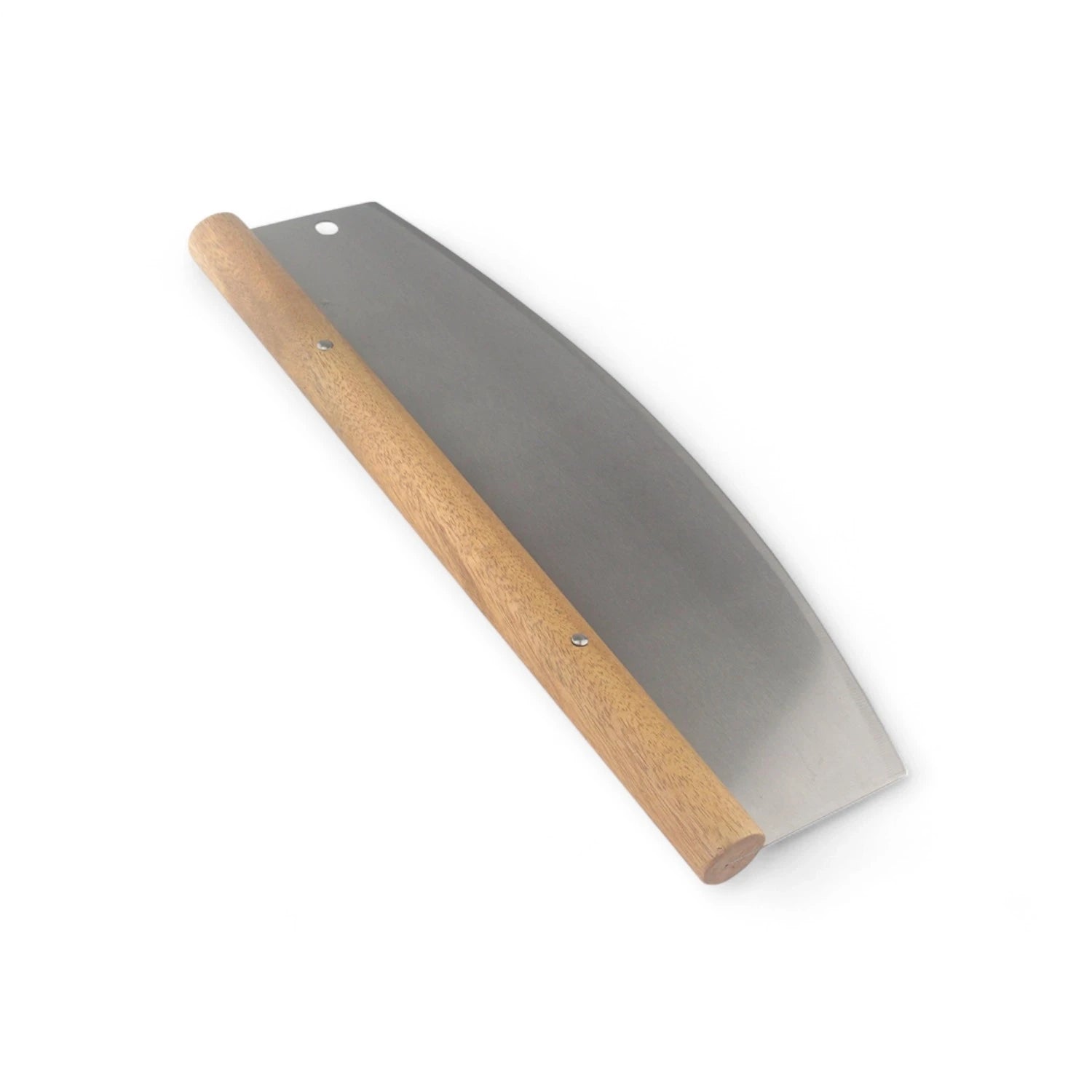 Curved stainless‑steel pizza cutter with wooden handle